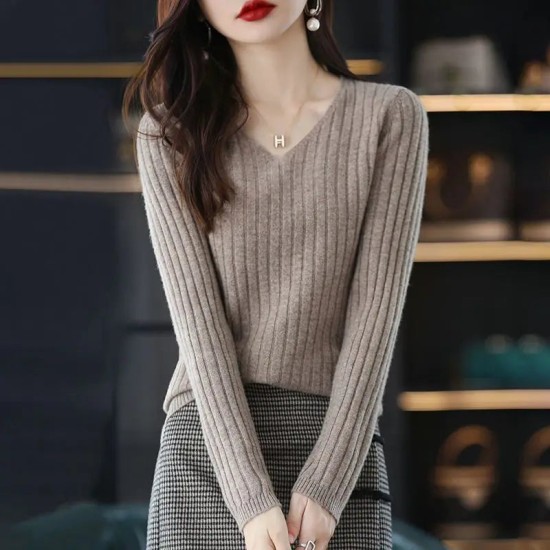 Women Sweater Long Sleeve Top Knitted Pullover V-Neck Fashion